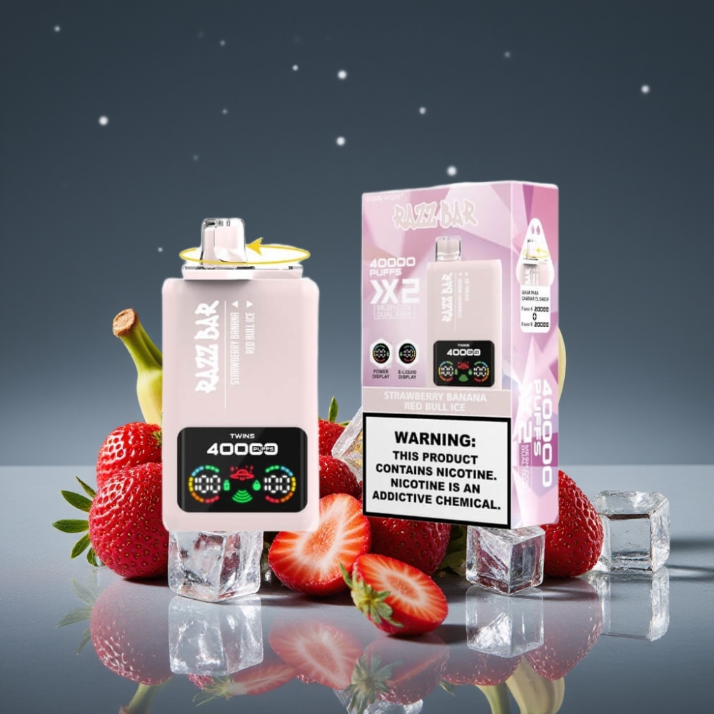 Razz Bar 40000 Puffs Power Screen Display Strawberry Banana & Red Bull Ice