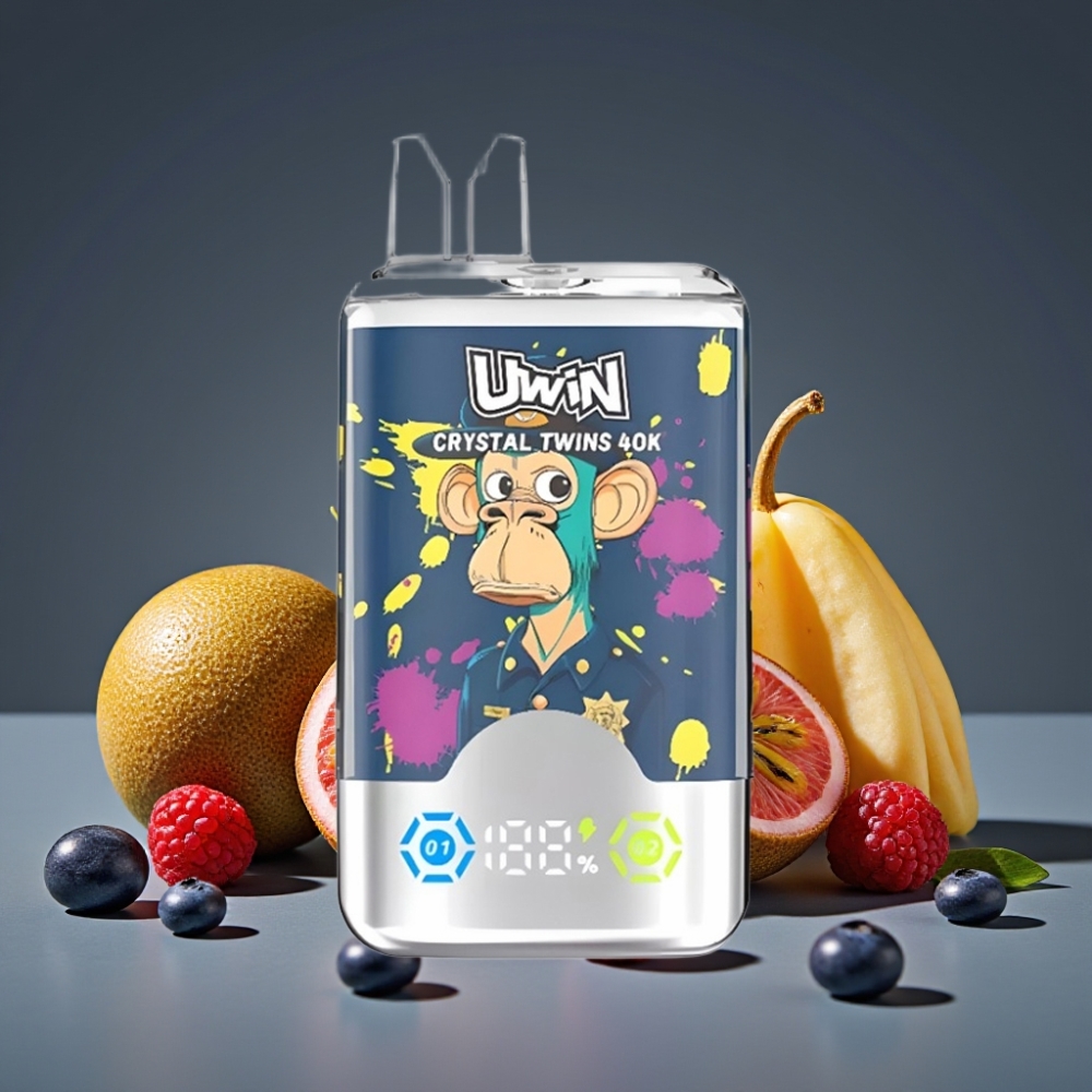 UWIN Crystal Twins 40000 Puffs Dual Flavor Kiwi Passion Fruit Guava Blueberry Raspberry Mesh Coil 0.6 Ohm Rechargeable